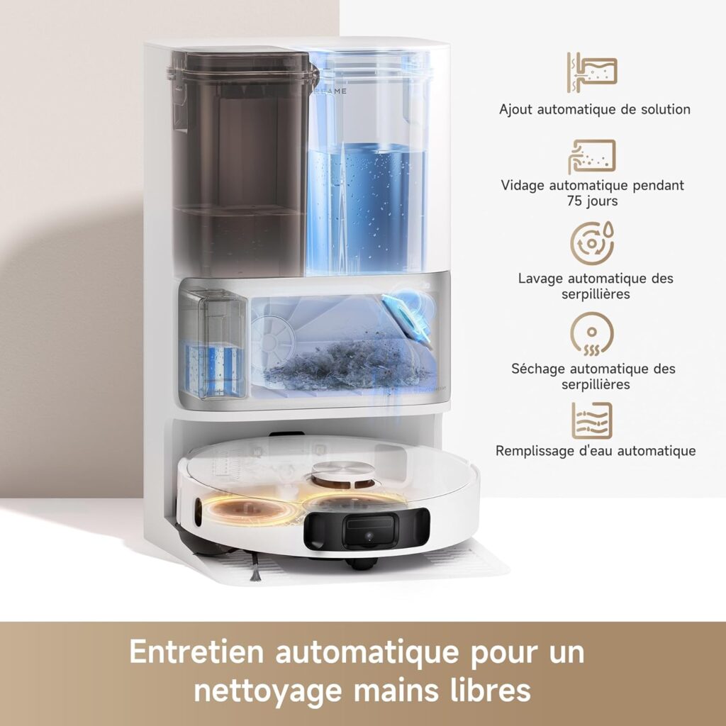 Un appareil de nettoyage automatique avec un réservoir transparent pour l'eau propre et un autre pour l'eau usée, accompagné d'icônes explicatives sur ses fonctionnalités.