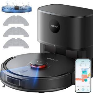Airzeen Aspirateur Robot Laveur avec Station, 8000Pa Aspiration, Vidage Automatique, Cartographie, Navigation LiDAR, 180min, Connecté par Remote, APP, Alexa, Idéal pour Tapis Poils d'animaux, Q10 Pro