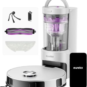 Eureka E20 Evo Plus Robot Aspirateur Laveur avec Station sans Sac Aspiration 10000 Pa Aspirateur Robot Autovidange, Anti Enchevêtrement pour Cheveux Poils d'animaux, Soulèvement de Serpillière 10mm