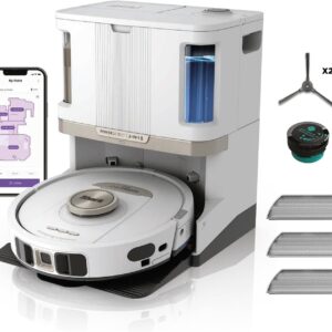 Shark PowerDetect Aspirateur Robot Laveur – Base autovideuse nettoyante de 60 jours – Navigation 3D LiDAR – WiFi/App – 1 cartouche anti-odeur, 3 pads standard et 1 anti-microbien, 1 brosse – Blanc