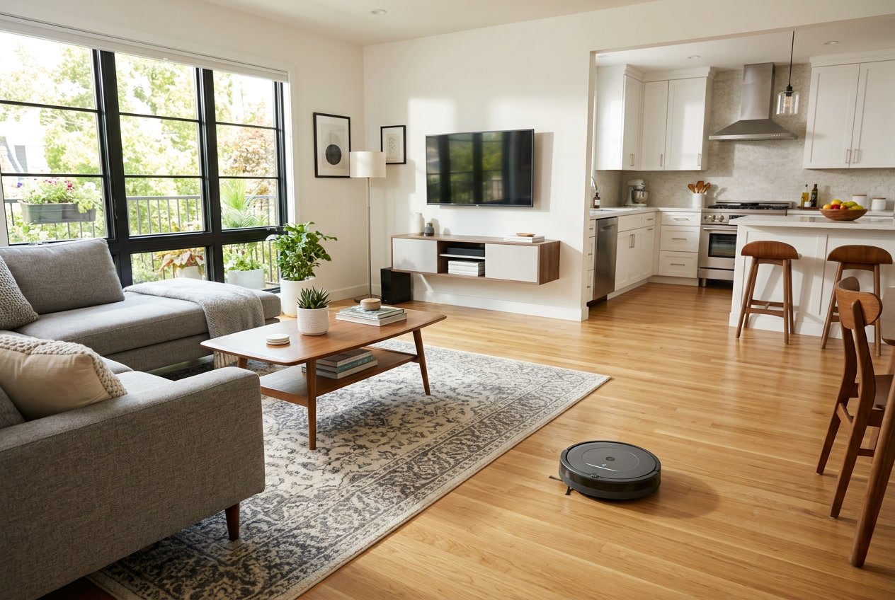 Un robot aspirateur laveur en train de nettoyer un sol en bois dans un salon moderne et lumineux avec des meubles contemporains.