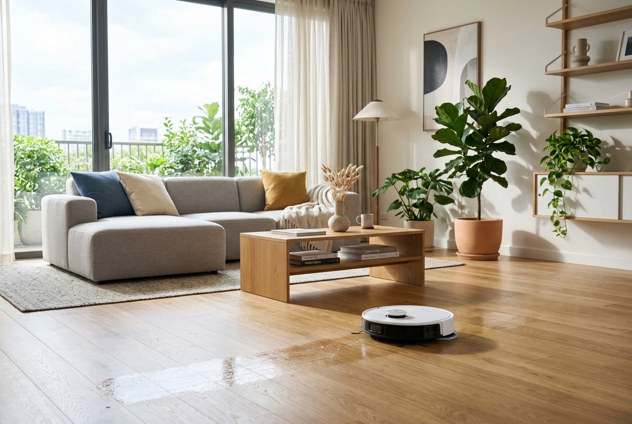 Un robot aspirateur laveur en train de nettoyer un sol en bois dans un salon moderne et lumineux.