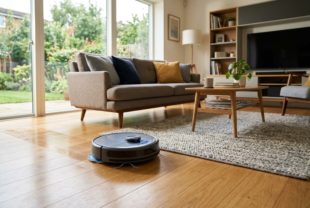 Un robot aspirateur laveur moderne nettoyant un salon lumineux avec différents types de sols et meubles.