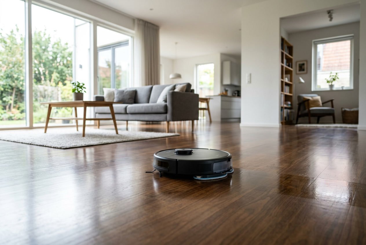Un robot aspirateur laveur en fonctionnement sur un sol en bois dans un salon lumineux et moderne.