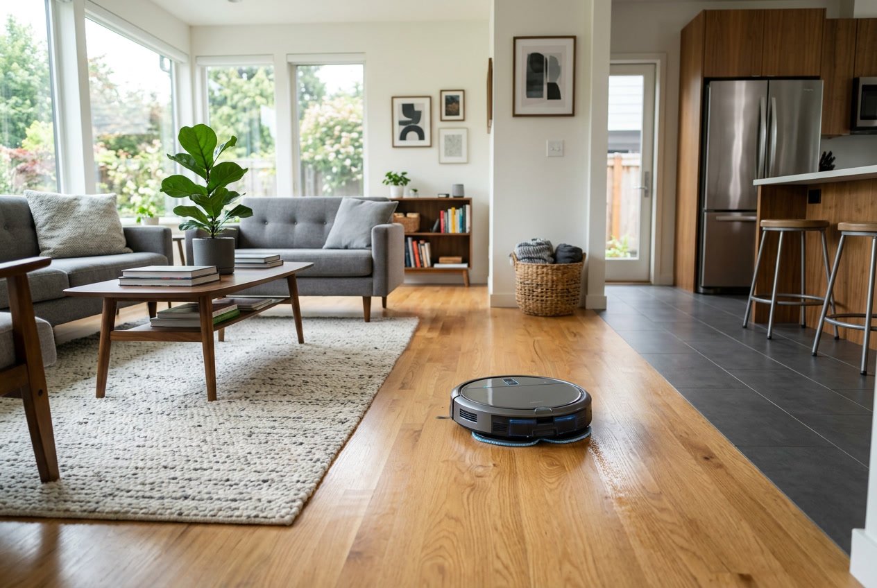Un robot aspirateur laveur en train de nettoyer un sol en bois dans un salon moderne et lumineux avec différentes zones de revêtements de sol.