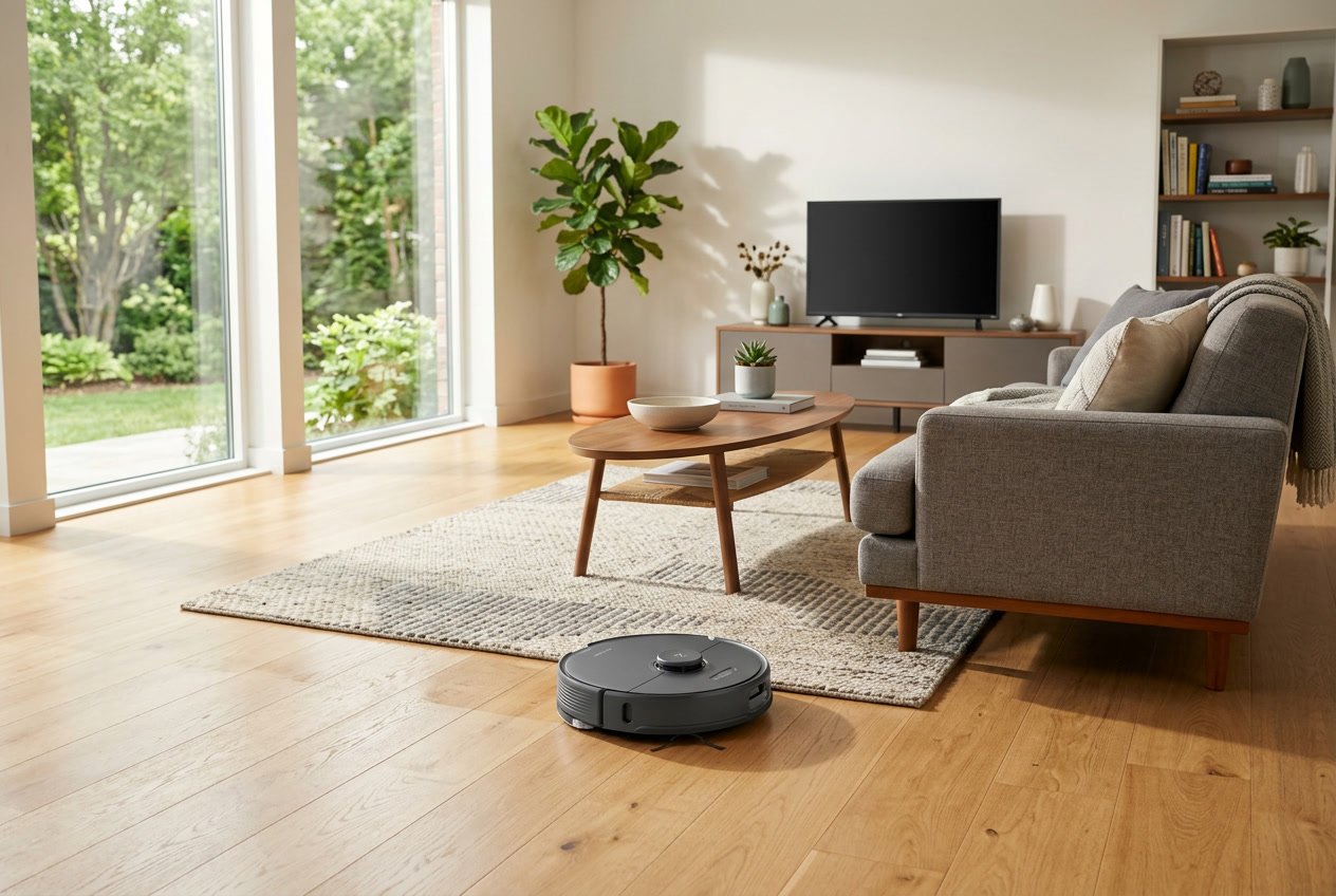 Un robot aspirateur en train de nettoyer le sol d'un salon moderne et lumineux avec des meubles contemporains.