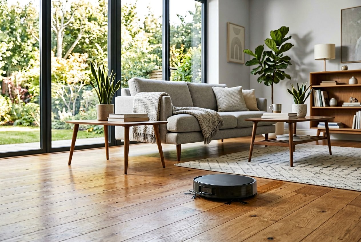 Un robot aspirateur en train de nettoyer un sol en bois dans un salon lumineux et propre avec un canapé et une table basse.