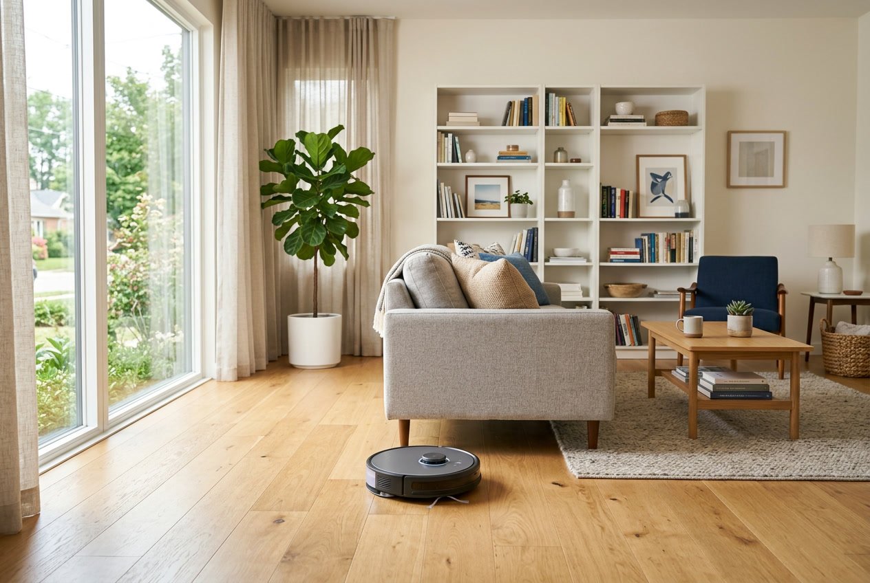 Un robot aspirateur en train de nettoyer le sol d'un salon lumineux et bien rangé avec des meubles modernes.