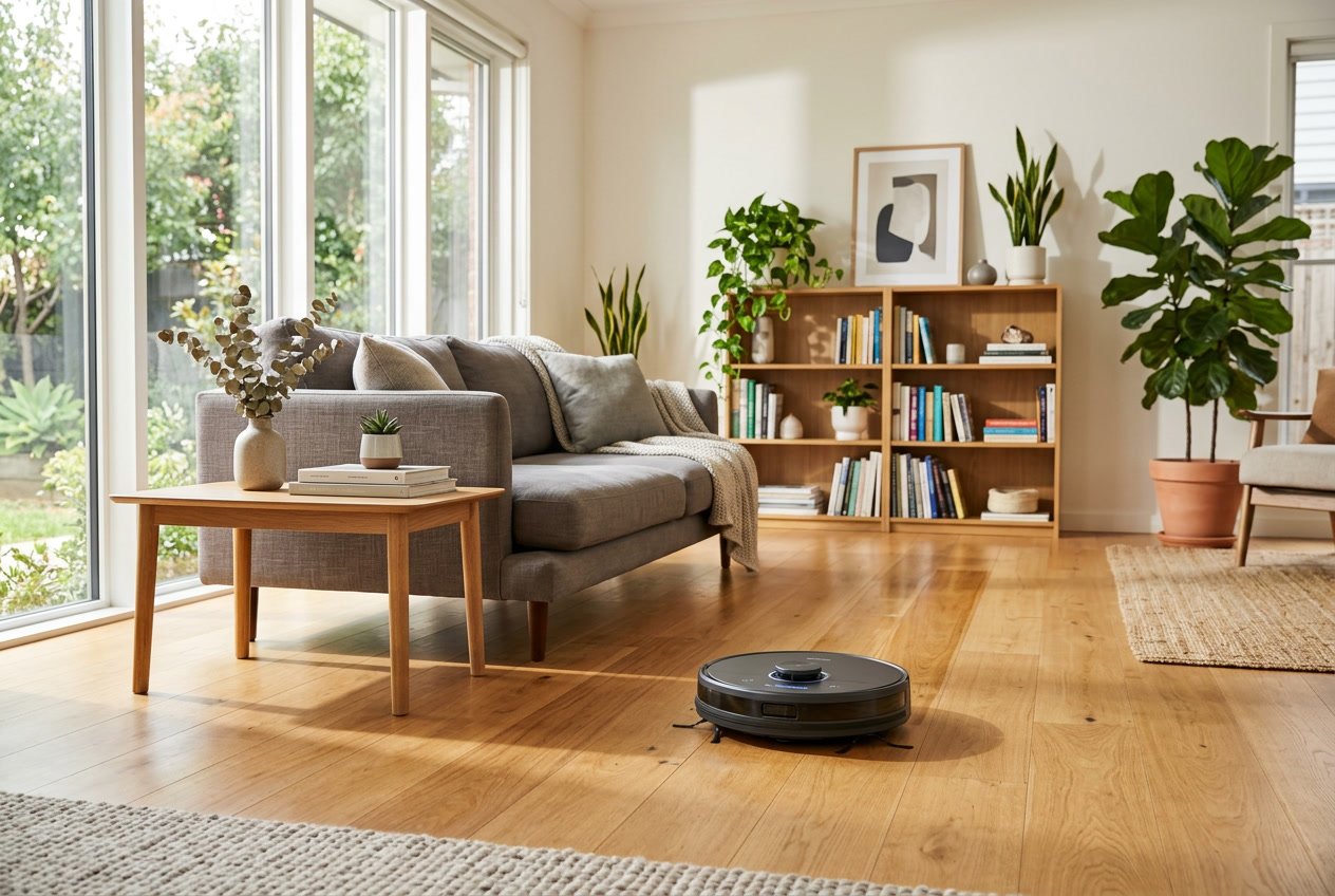 Un robot aspirateur laveur en fonctionnement dans un salon lumineux avec un sol en bois propre, un canapé et des plantes d'intérieur.