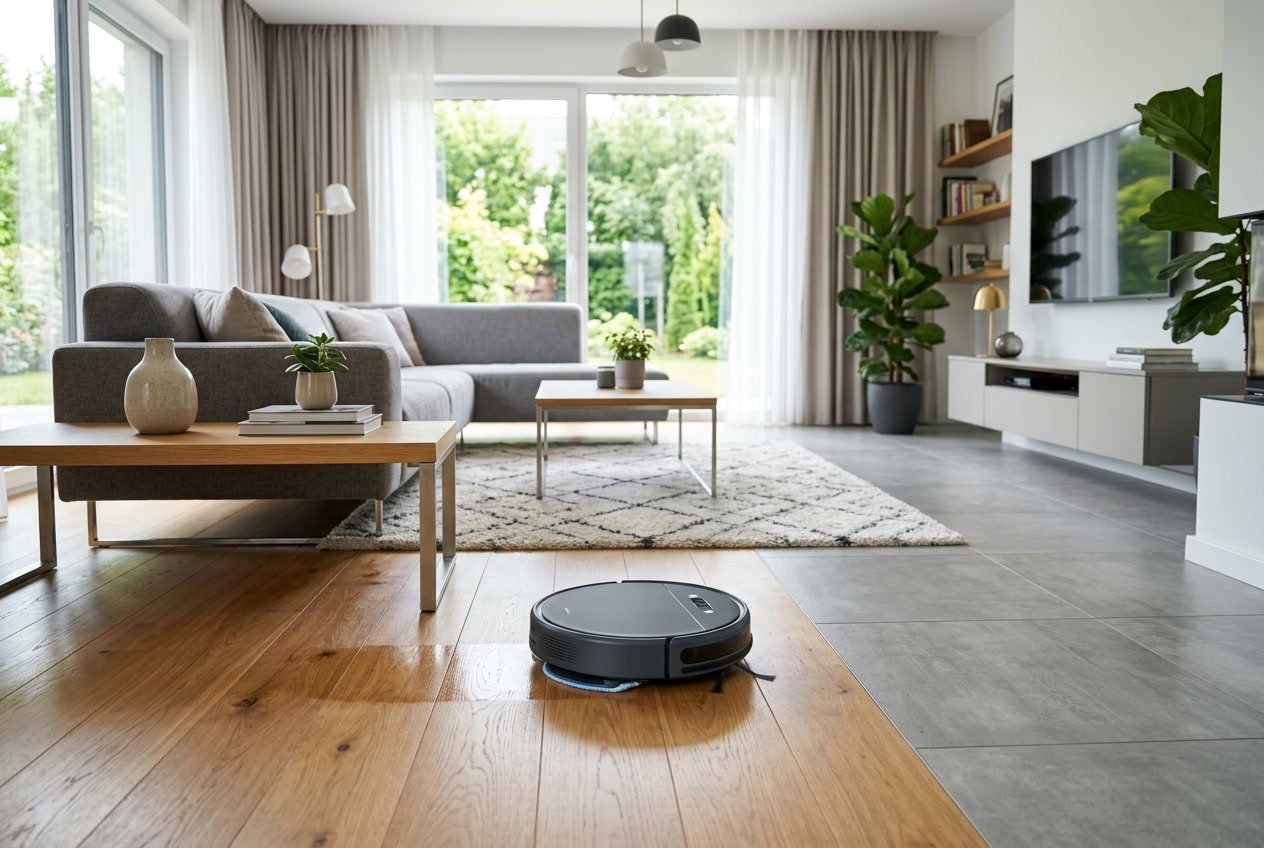 Un robot aspirateur laveur en train de nettoyer un salon moderne avec différents types de sols et des meubles contemporains.