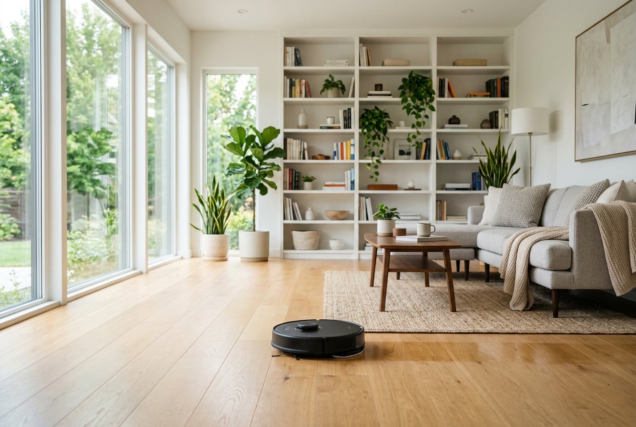 Un robot aspirateur laveur en train de nettoyer un salon lumineux avec un sol en bois et un mobilier moderne.
