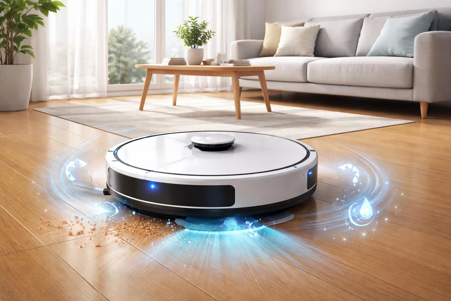 Un robot aspirateur laveur 3 en 1 en train de nettoyer un sol en bois dans un salon lumineux et moderne.