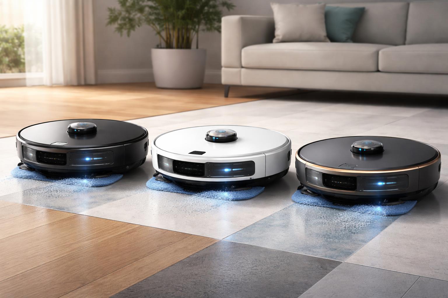 Trois robots aspirateurs laveurs 3 en 1 en action dans un salon moderne avec un sol propre composé de bois et de carrelage.