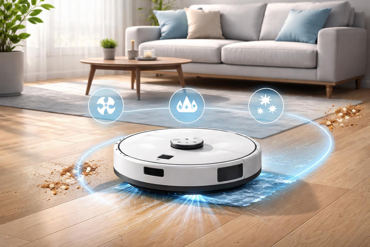 Un robot aspirateur laveur 3 en 1 nettoie activement un sol en bois dans un salon avec un canapé, une table basse et une plante.