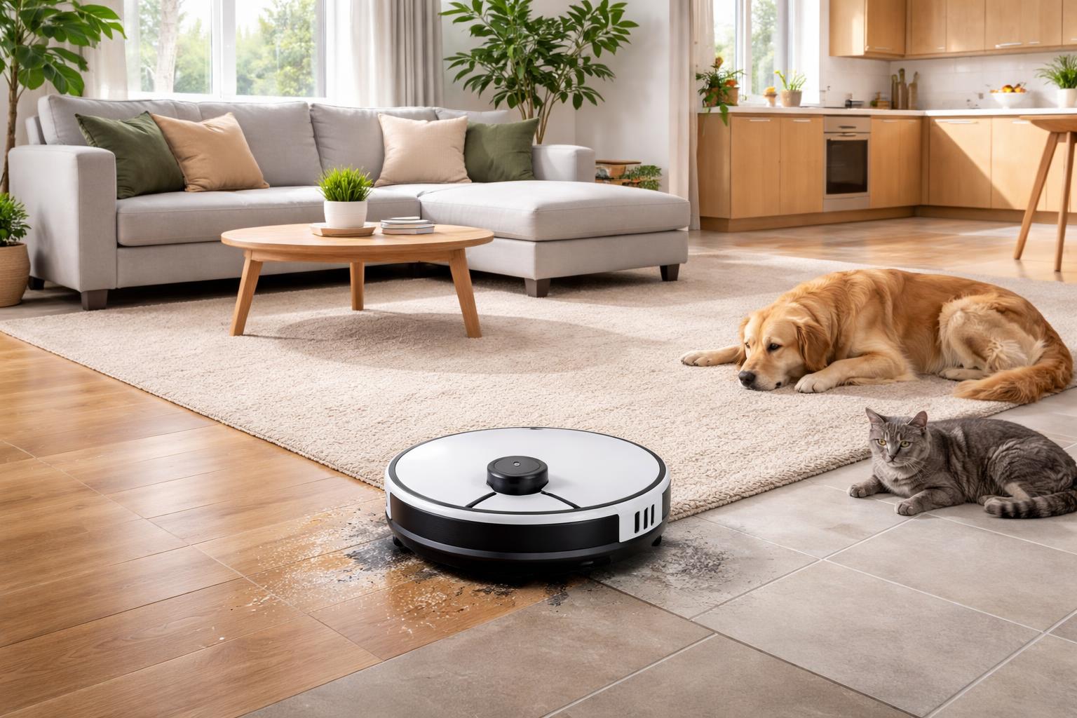 Un robot aspirateur laveur 3 en 1 nettoie différents types de sols dans un salon avec un chien et un chat à proximité.