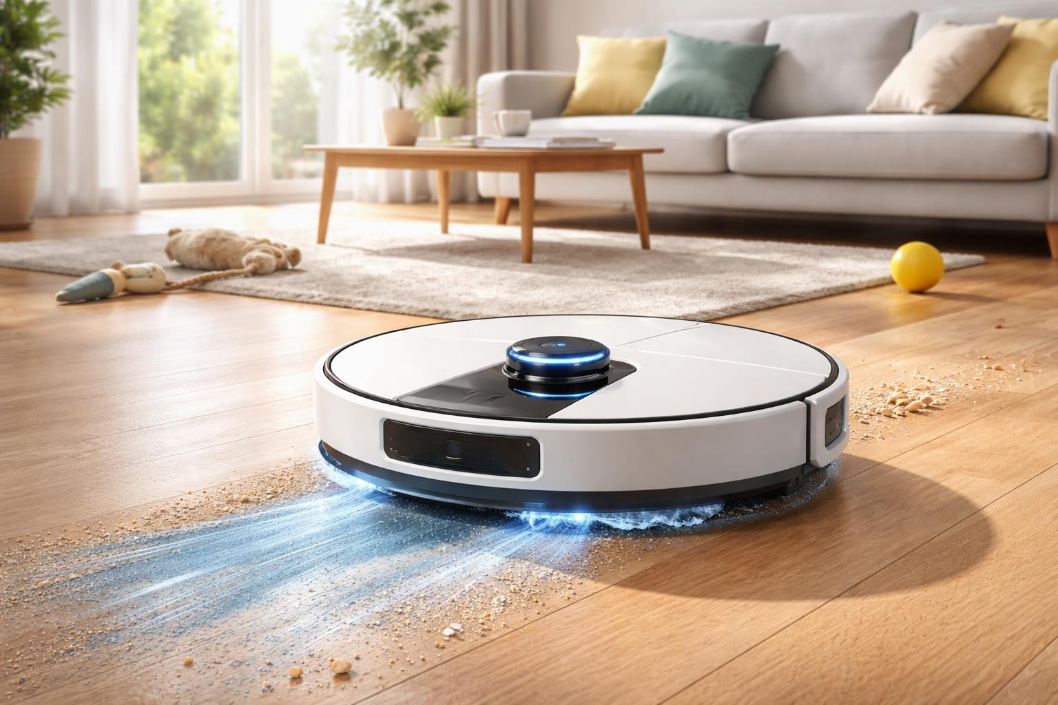 Un robot aspirateur laveur 3 en 1 nettoyant un sol en bois dans un salon avec un canapé, une table basse et des jouets pour animaux.
