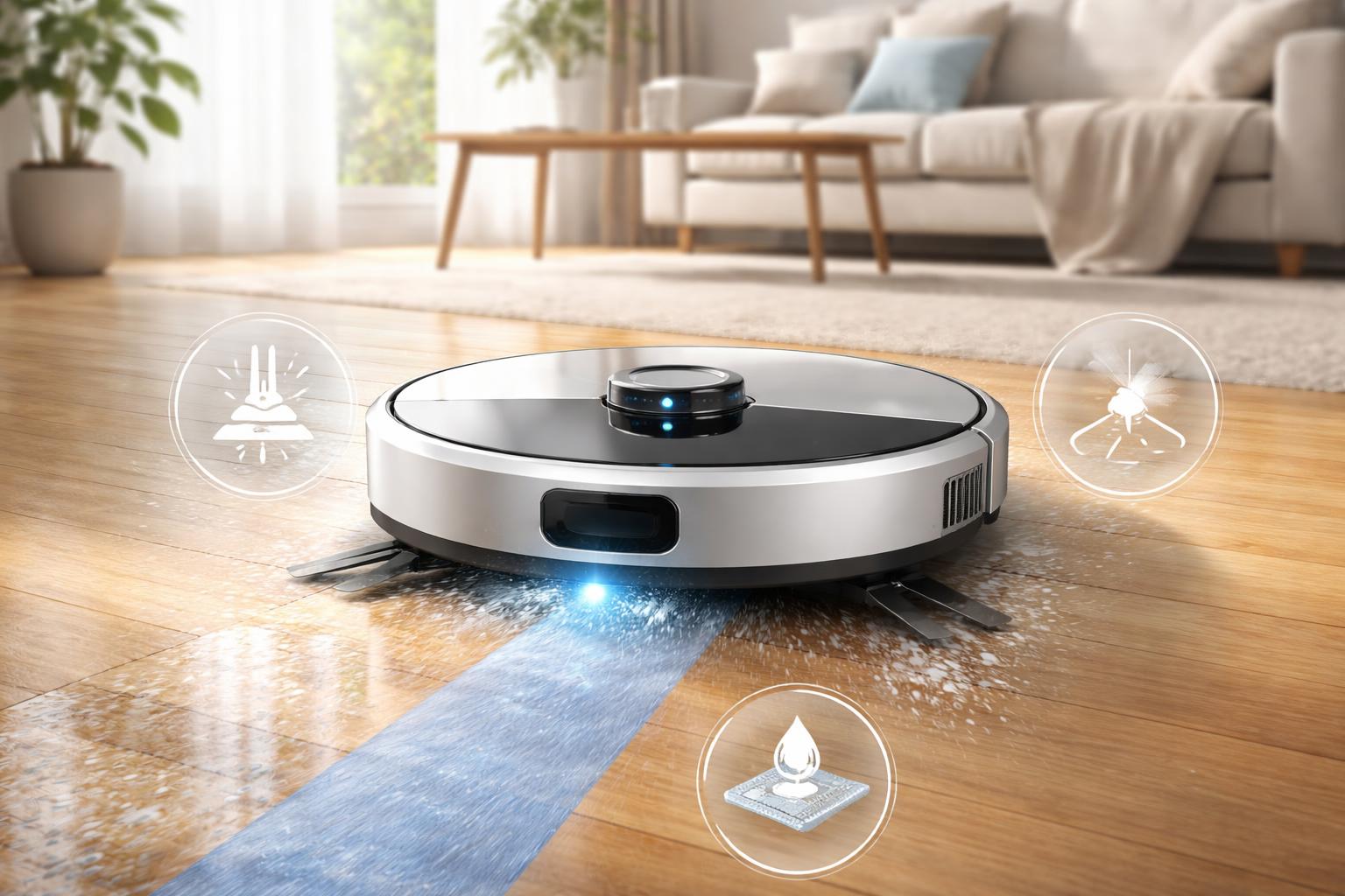 Un robot aspirateur laveur 3 en 1 en train de nettoyer un sol en bois dans un salon moderne et lumineux.