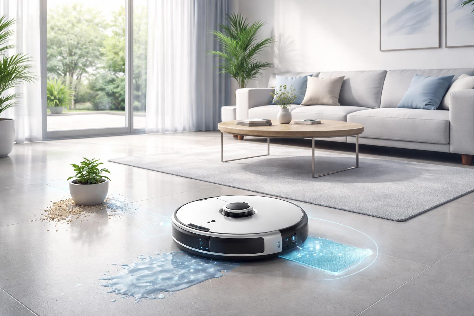 Un robot aspirateur laveur 3 en 1 nettoie un sol dans un salon moderne avec des meubles et des plantes.