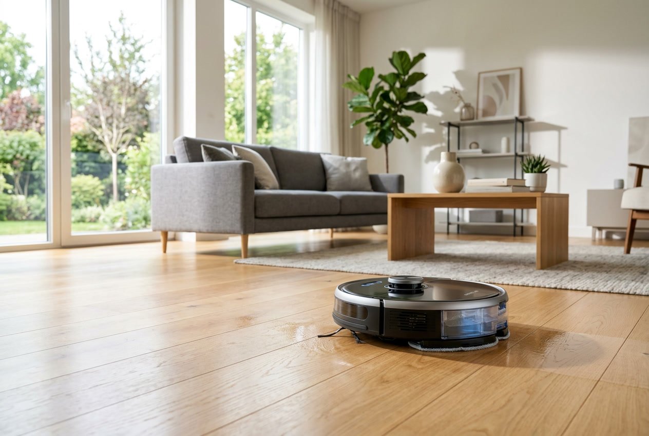 Robot aspirateur laveur moderne en fonctionnement sur un grand sol en bois dans un salon lumineux et spacieux.