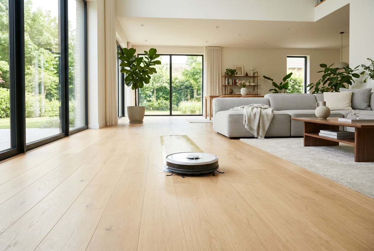 Un robot aspirateur laveur en train de nettoyer le sol d'un grand salon lumineux avec de grandes fenêtres et un mobilier minimaliste.