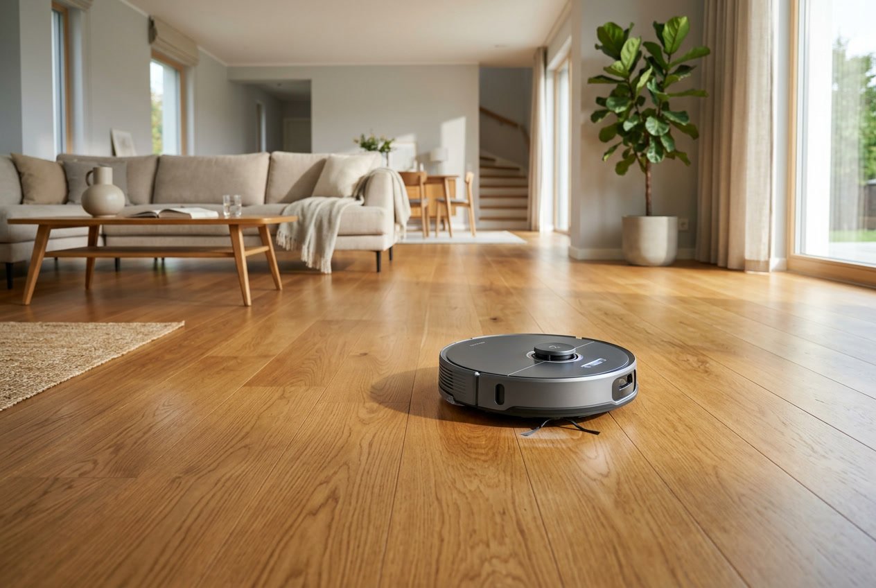 Un robot aspirateur moderne en train de nettoyer un grand salon lumineux avec un sol en bois et des meubles minimalistes.