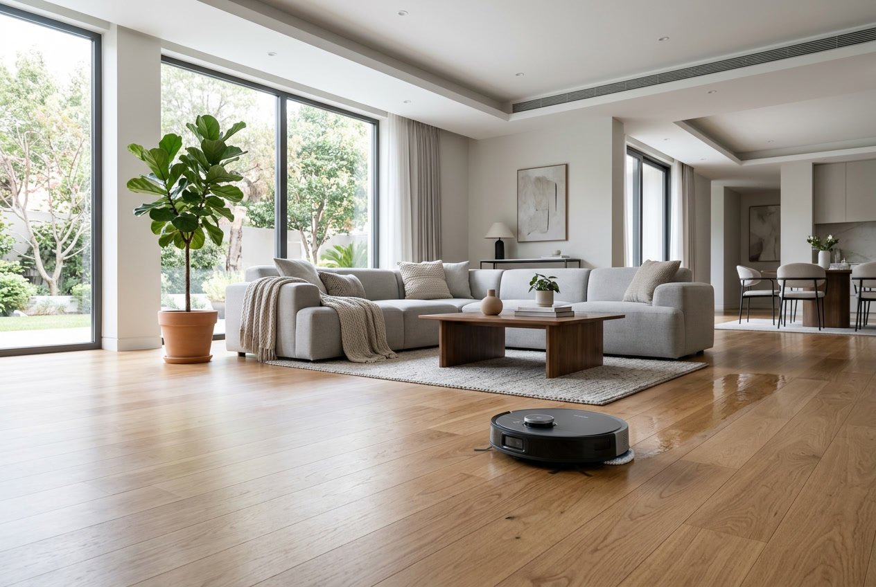 Un robot aspirateur laveur en train de nettoyer un grand salon lumineux avec un sol en bois et des meubles modernes.