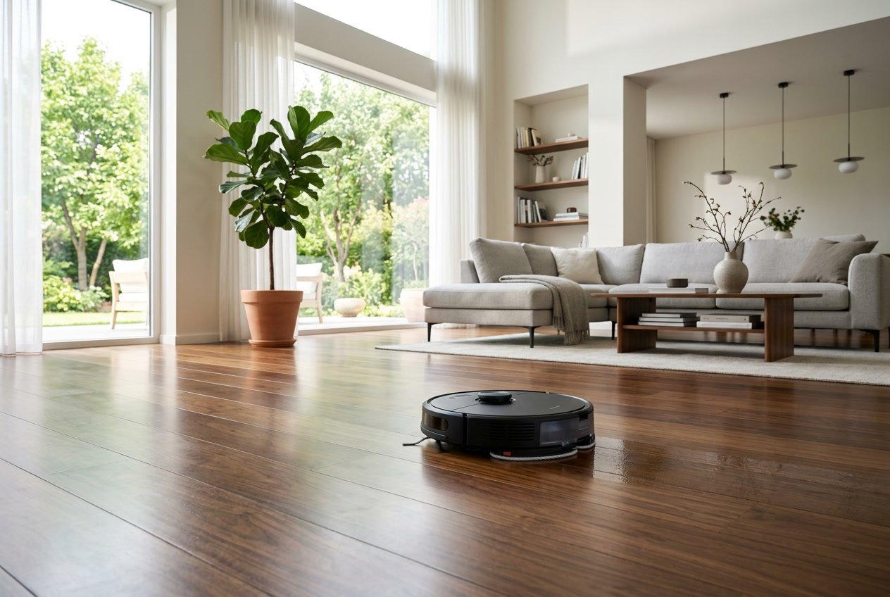 Un robot aspirateur laveur moderne nettoie un grand sol dans un salon spacieux et lumineux.