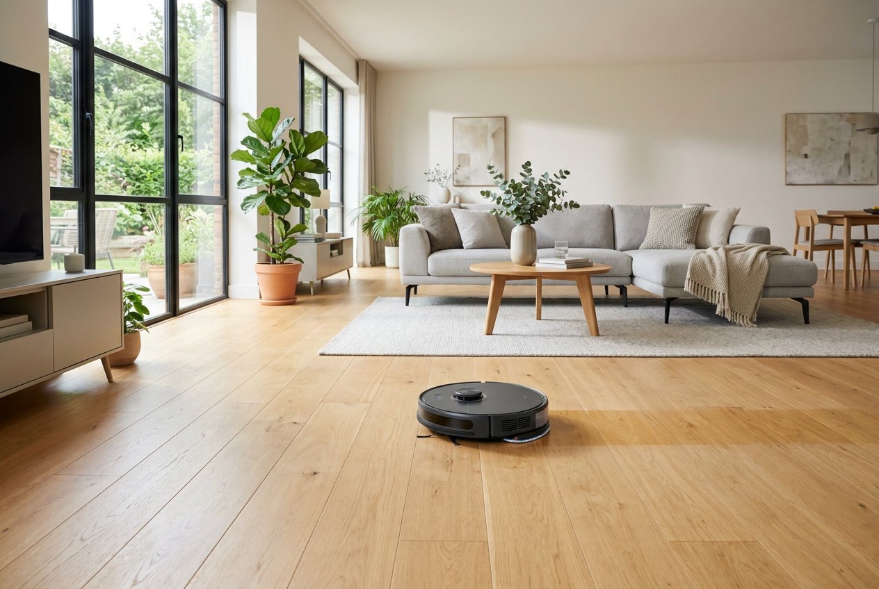 Un robot aspirateur laveur moderne nettoyant activement le sol d'un grand salon lumineux et spacieux.