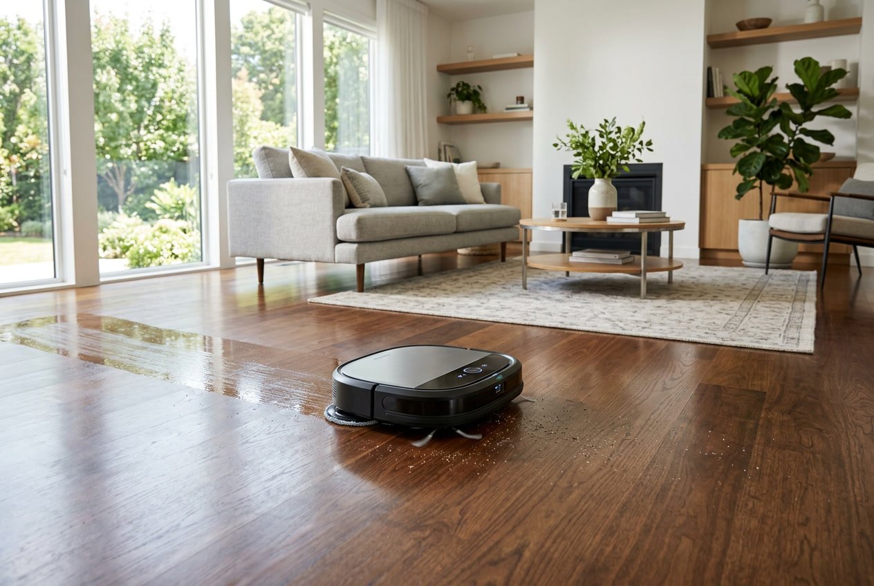 Un robot aspirateur laveur en train de nettoyer un grand salon lumineux avec un sol en bois, entouré de meubles modernes et de plantes.