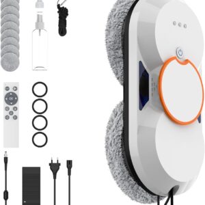 Robot Laveur de Vitre, 5600Pa Robot Nettoyeur Vitre avec Double Pulvérisation D'eau, 3 Modes de Nettoyage, Télécommande, Navigation Intelligente, Protection Antichute＆8 Chiffons, Pour Surfaces Lisses
