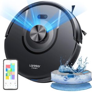 Laresar Clean Mars01 Robot Aspirateur 3 en 1, Navigation LiDAR, Aspirateur Robot 8000Pa d'Aspiration, 5 Cartes Editables, Convient aux Poils d'animaux, Tapis et Sols（Noir）