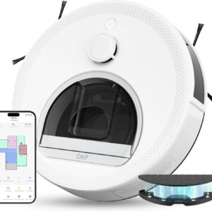 OKP L6 Robot Aspirateur, 6000 Pa, Navigation Laser dTOF, Évitement d'obstacles PSD, 150 Min, Recharge Automatique silencieuse, WiFi 2.4G/5G, Alexa, Idéal pour Poils d'animaux et Sols Durs, Blanc