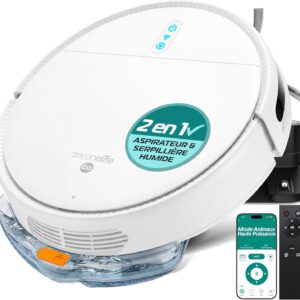 SereneLife Robot Aspirateur Laveur 3-in-1 – Auto-Recharge, Anti-Chute, Nettoyage Automatique, Robot Laveur pour Sols Durs, Tapis et Poils Animaux, 3 Modes, Blanc
