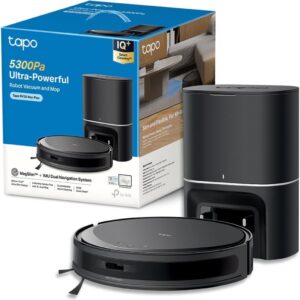 Tapo Aspirateur Robot Laveur 2 en 1 RV20Max Plus, Vidage Automatique, Silencieux ultra fin, Ultra puissante de 5300Pa, Navigation LiDAR, Auto-Charge Autonomie 180min, Tapis et Poils d'animaux