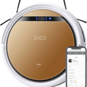 ZACO V5x Robot aspirateur laveur connecté pour poils animaux tapis parquet sols durs, Aspirateur robot laveur autonome sans fils avec Wifi, app, alexa, télecommande, 8.1cm plat, 120min, silencieux