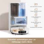 Un appareil de nettoyage automatique avec un réservoir transparent pour l'eau propre et un autre pour l'eau usée, accompagné d'icônes explicatives sur ses fonctionnalités.
